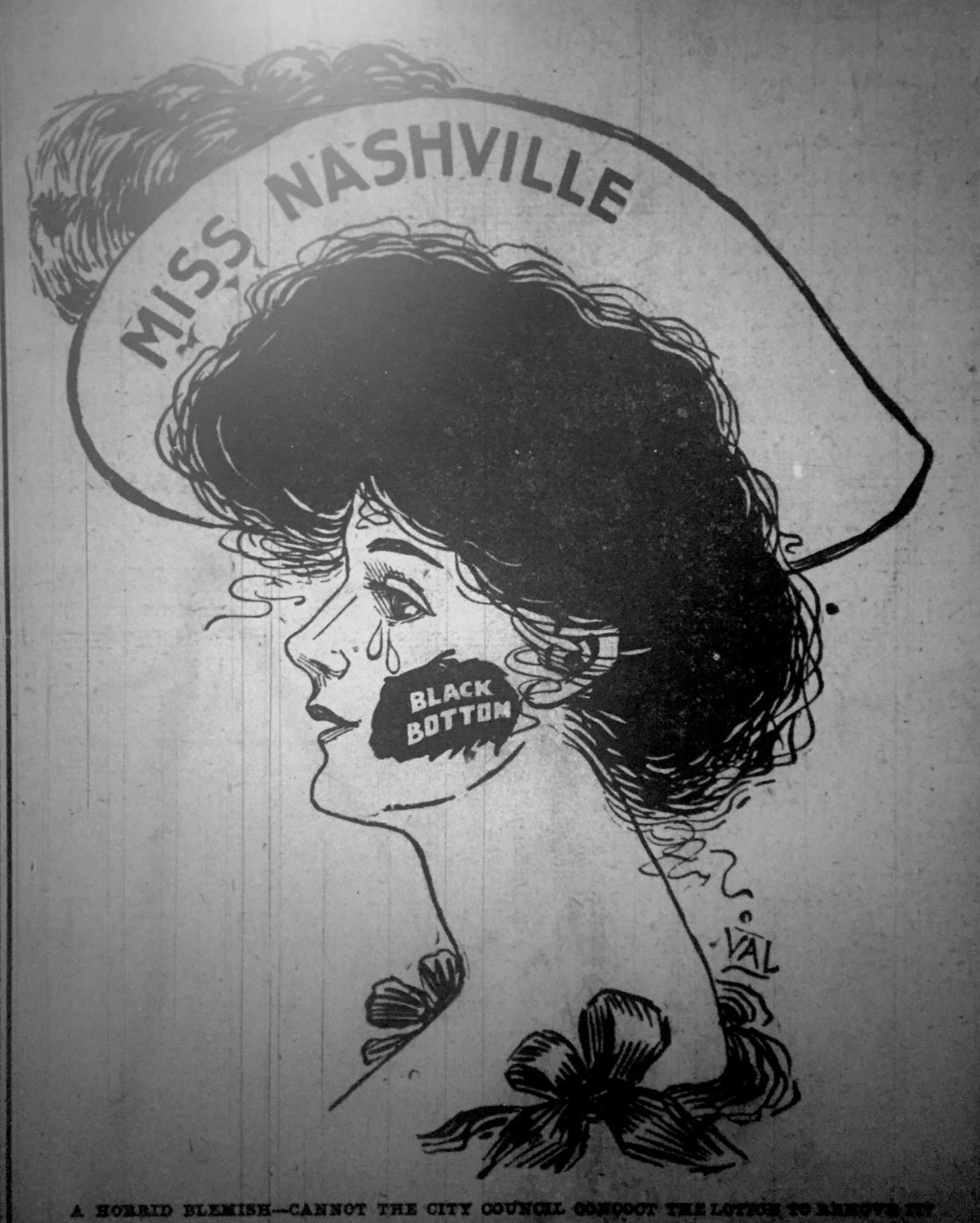 1907 editorial cartoon from The Nashville Banner depicting a white woman with a smear labeled Black Bottom upon her cheek