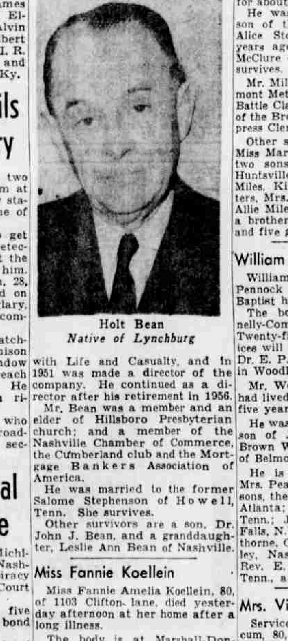 Holt Bean obituary and photograph, Nashville Tennessean, April 30, 1960