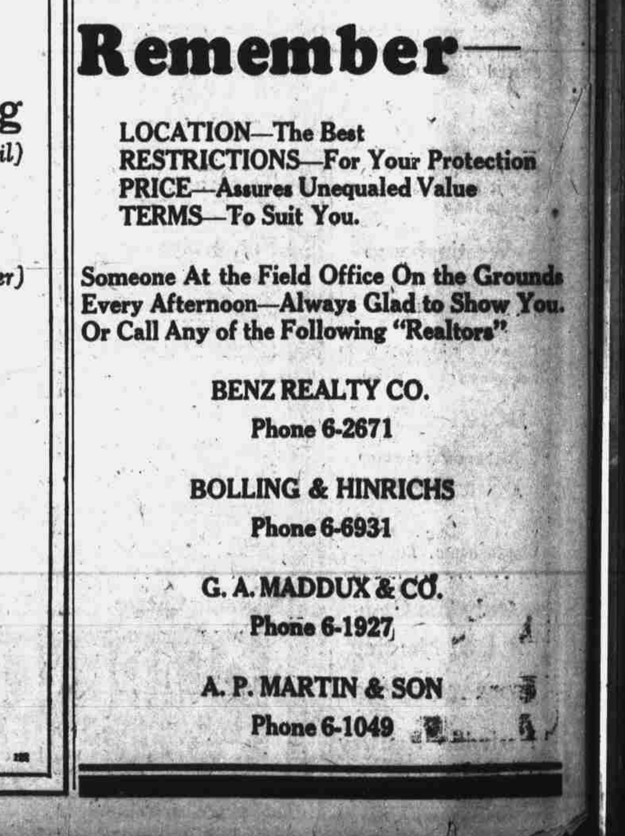 Green Hills newspaper ad with the four-point pitch ranking RESTRICTIONS For Your Protection above price