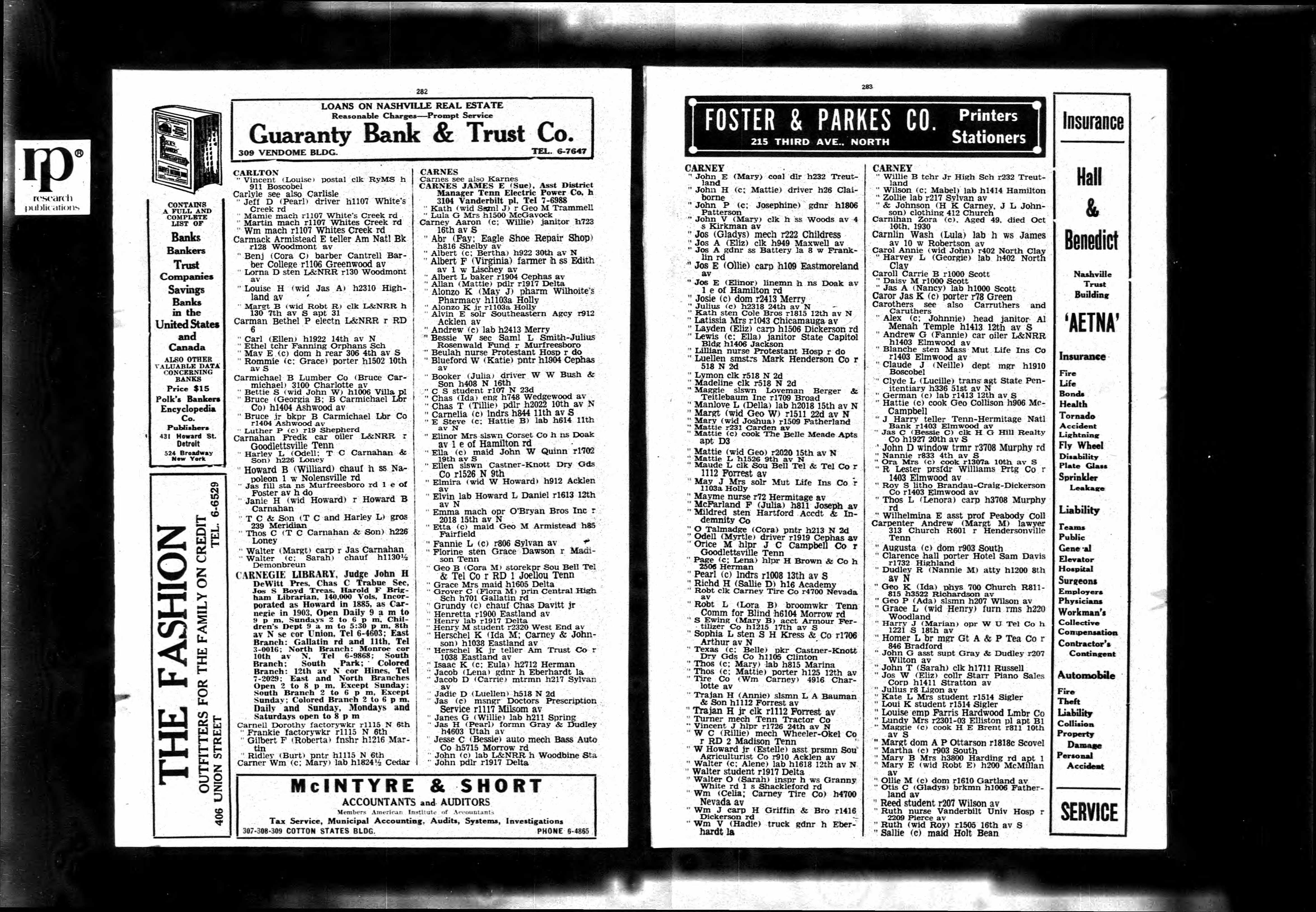 Nashville City Directory 1931 entry for Sallie P. Carpenter.