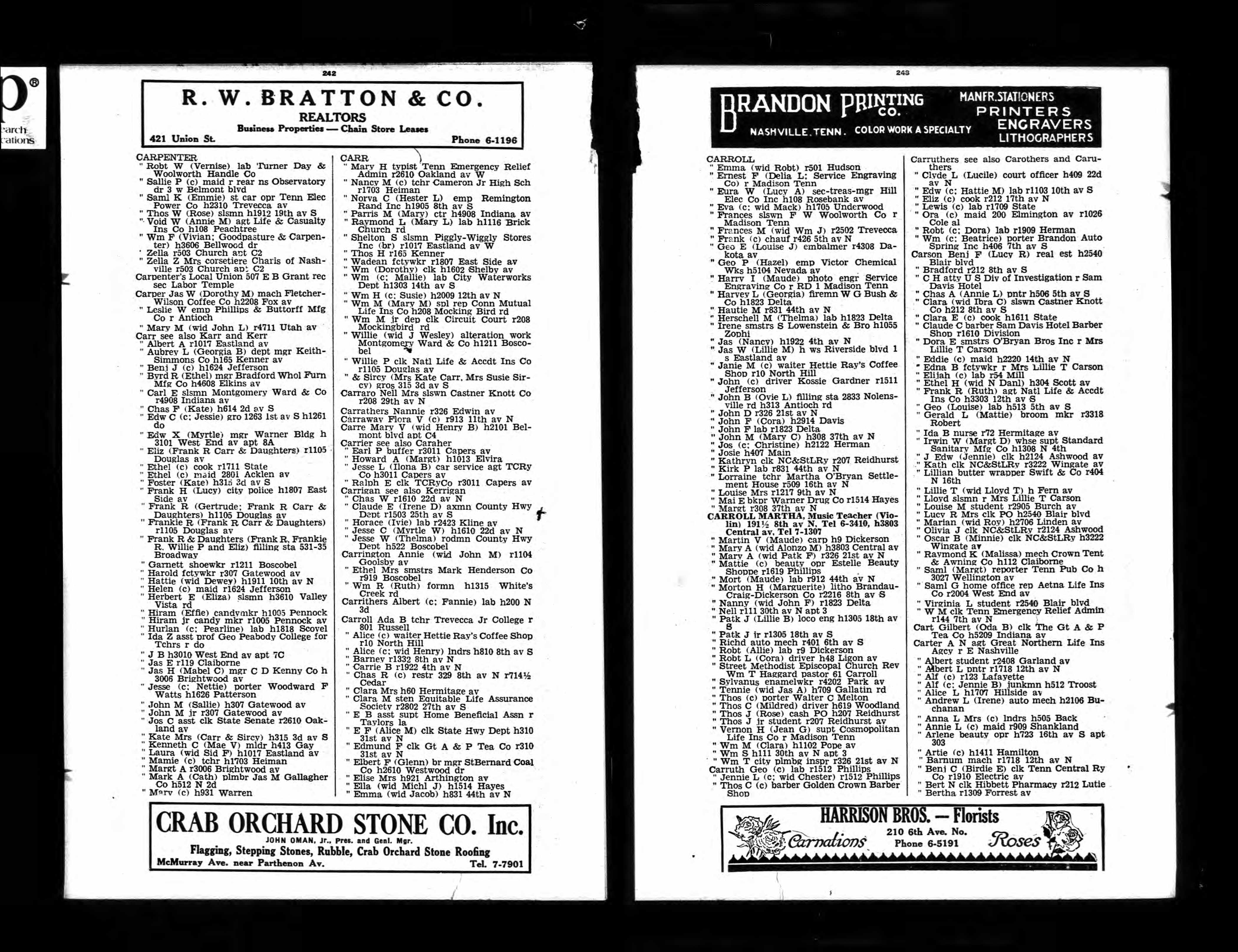 Nashville City Directory 1935 entry for Sallie P. Carpenter.