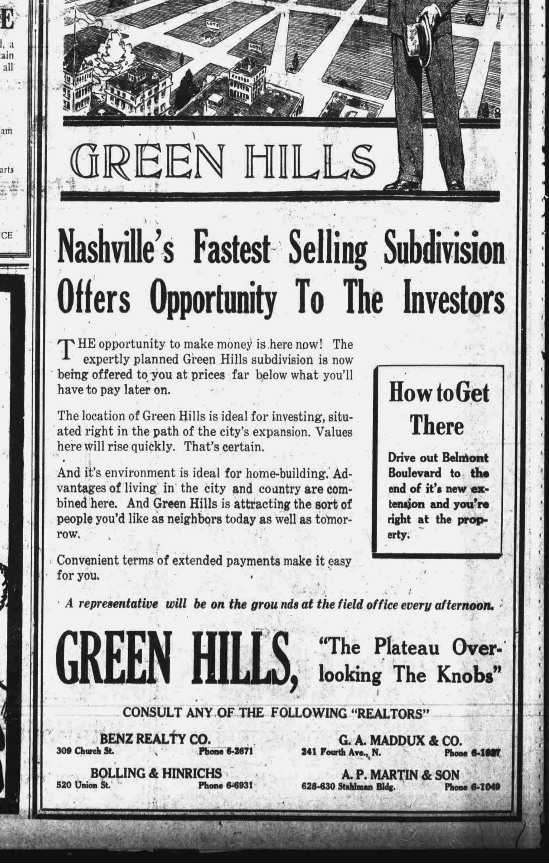Green Hills newspaper advertisement headed OPPORTUNITY with an illustration of a suited man overlooking gridded lots, and copy selling the sort of people you'd like as neighbors.